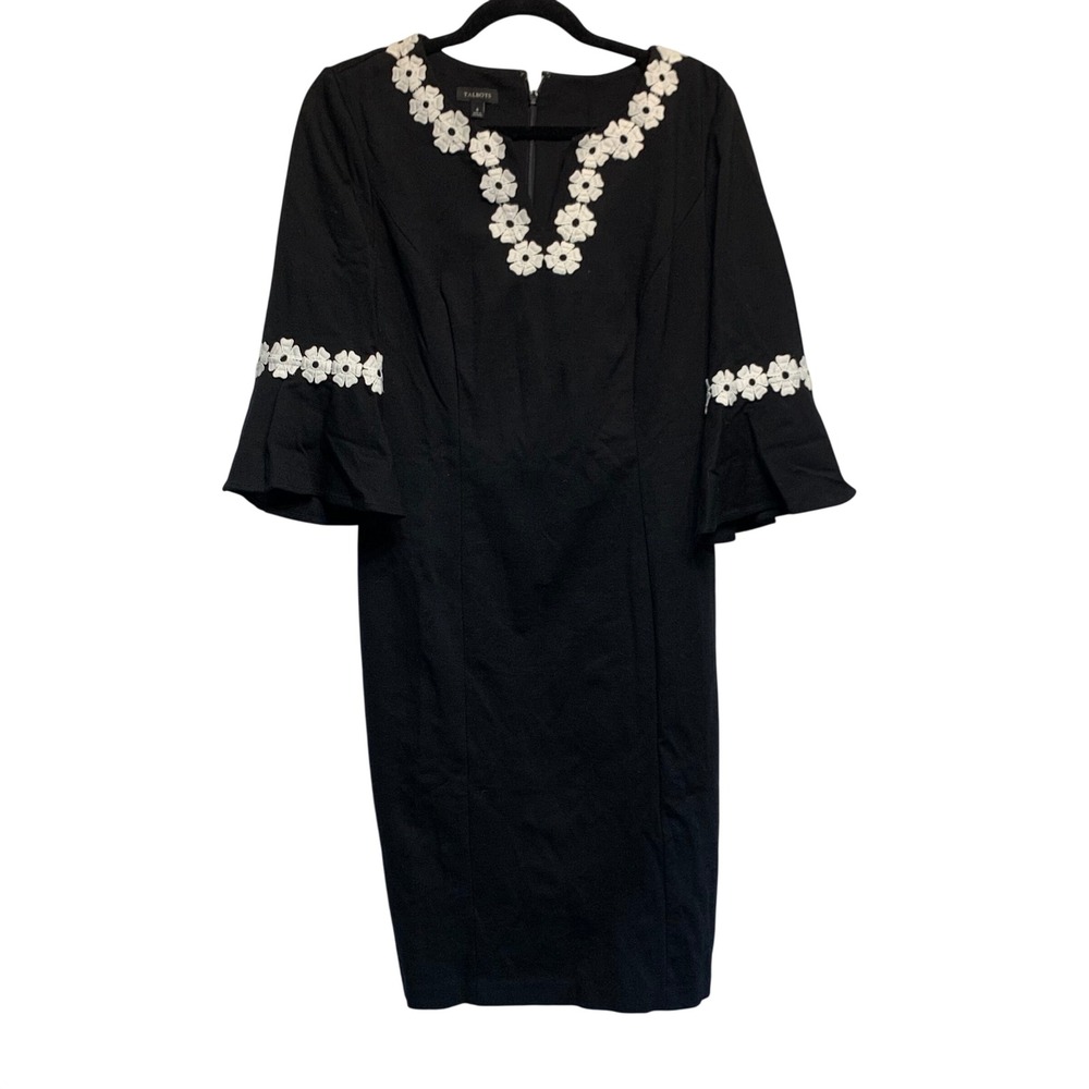 Talbots Sheath Dress Size 6 Black Floral Applique Knee Length Professional Chic